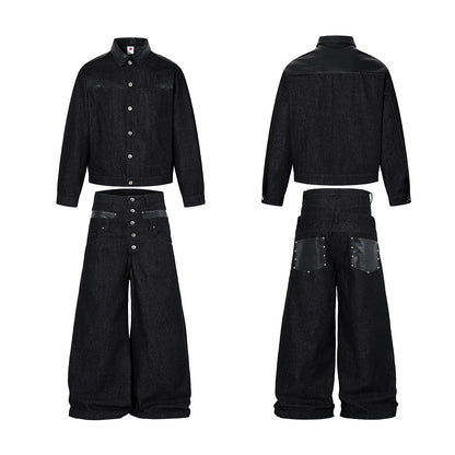 Leather Patchwork Denim Jacket & Leather Patchwork Wide Leg Denim Jeans Setup WN25597