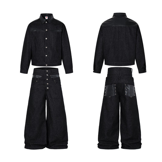 Leather Patchwork Denim Jacket & Leather Patchwork Wide Leg Denim Jeans Setup WN25597
