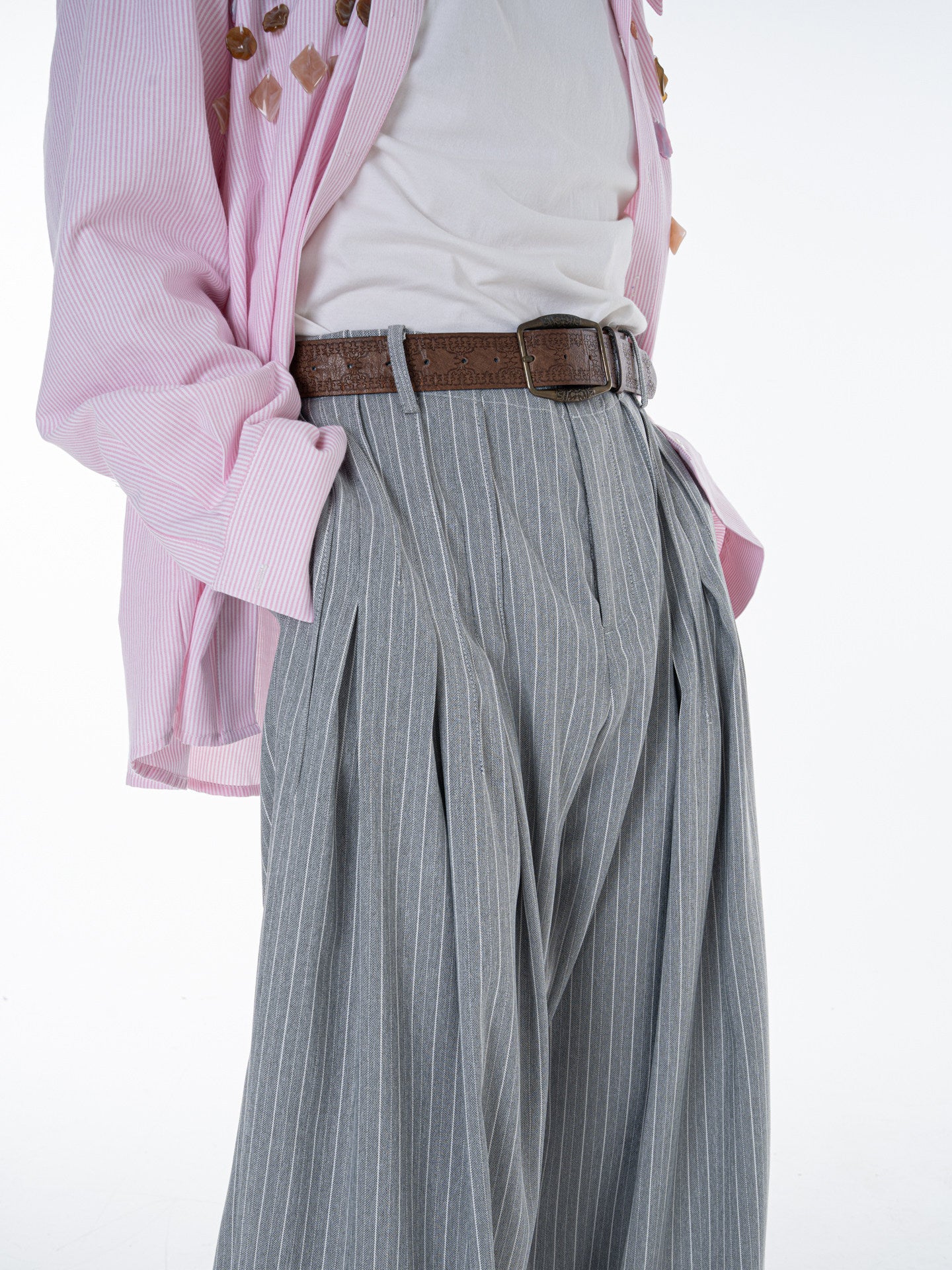 Pleats Stripe Wide Leg Trousers WN23622