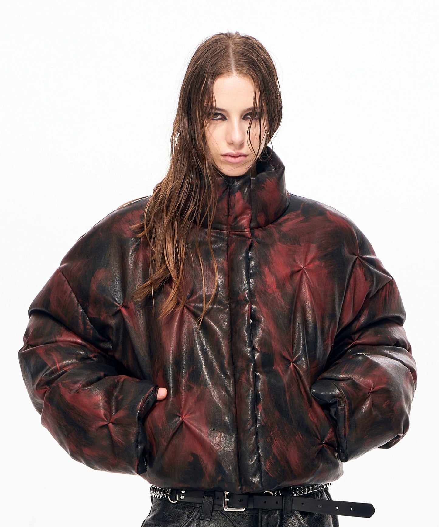 Stand Neck Pleats Washed Short PU Leather Puffer Jacket WN22133