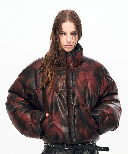 Stand Neck Pleats Washed Short PU Leather Puffer Jacket WN22133