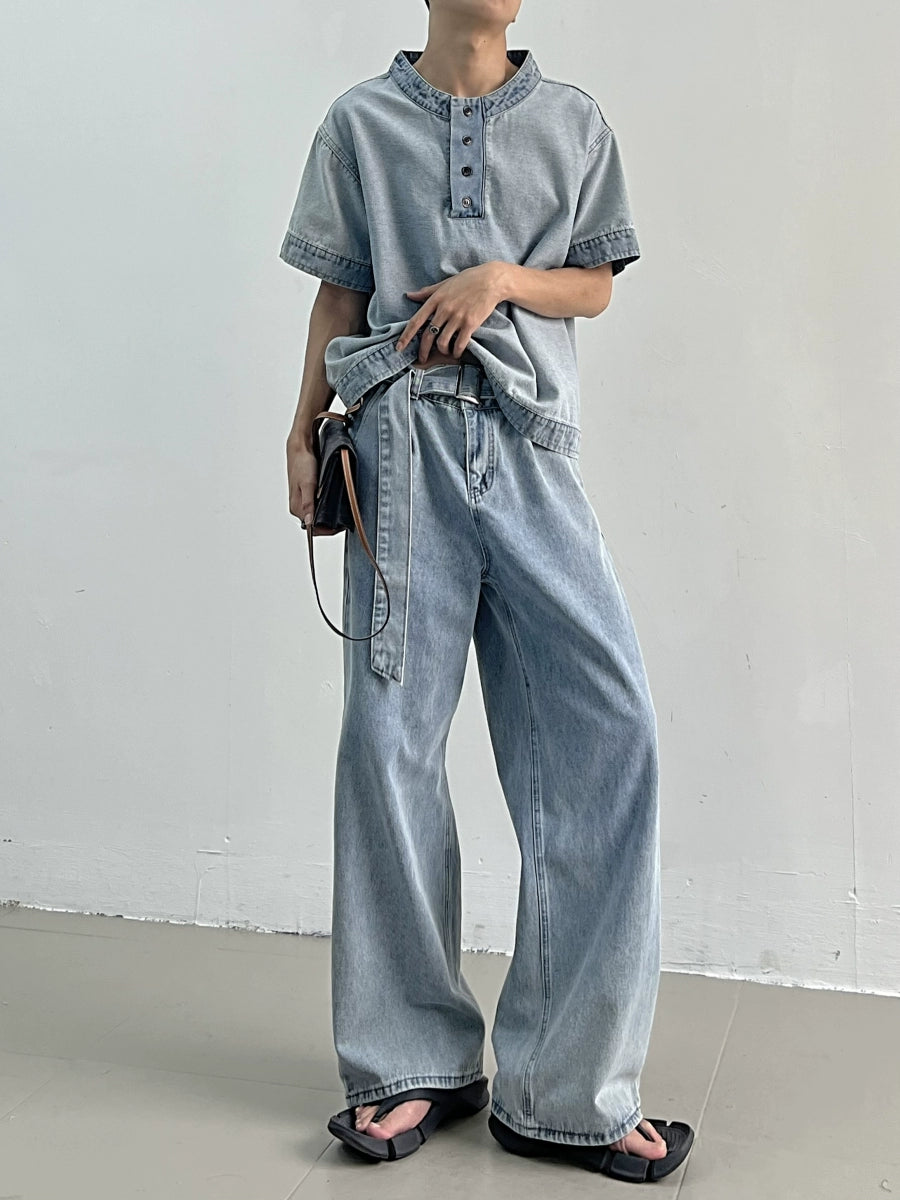 Short Sleeve Denim T-shirt & Wide-Leg Straight Belted Denim Jeans Setup WN7409