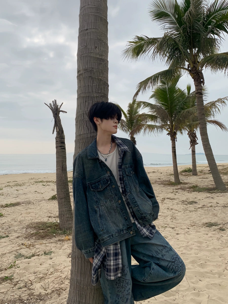 Plaid Patchwork Oversize Denim Jacket WN19769