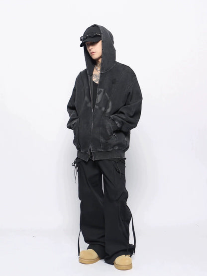 Washed Oversize Damage Zipper Hoodie WN10913