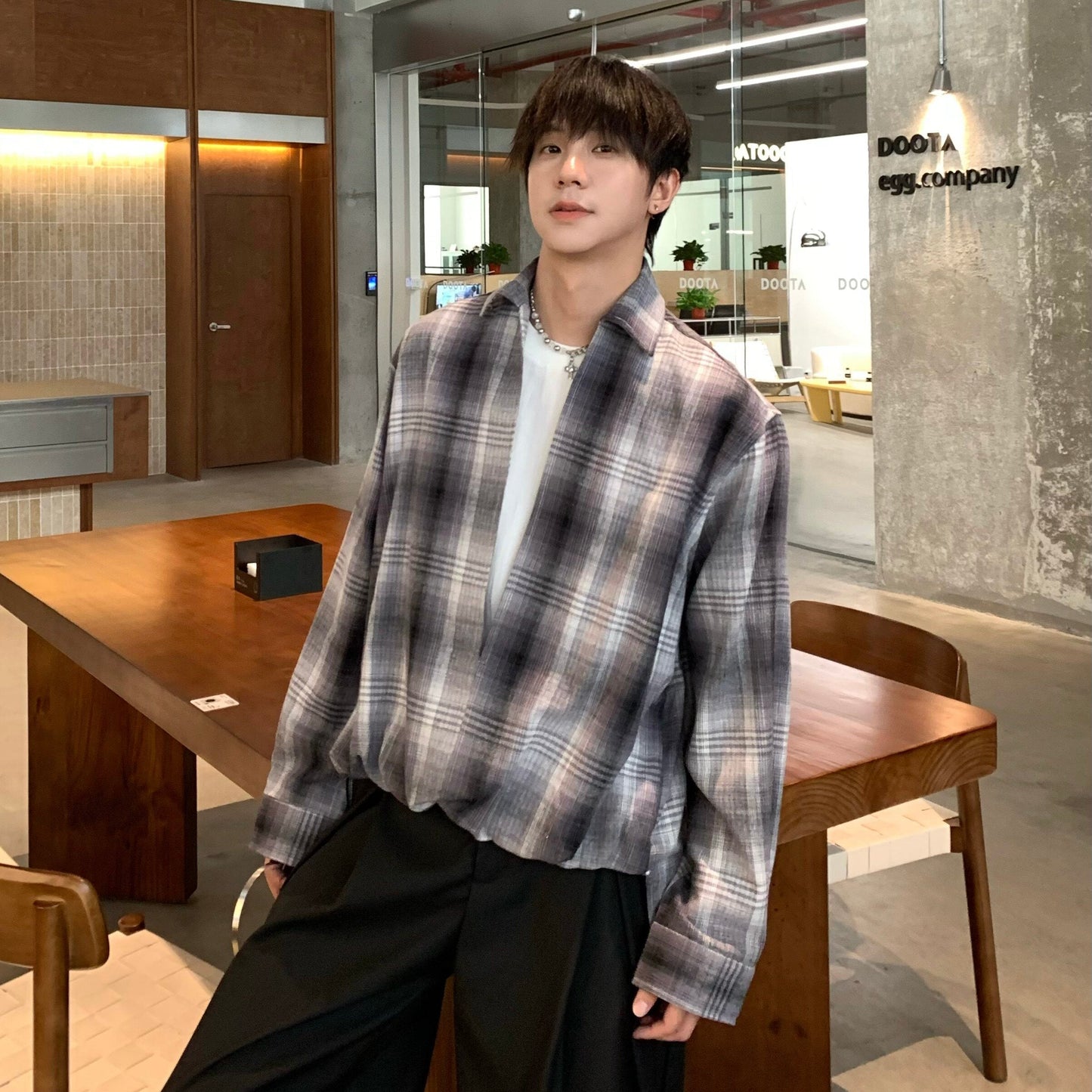 Fake Layered Patchwork Plaid Oversize Long Sleeve Shirt WN25260