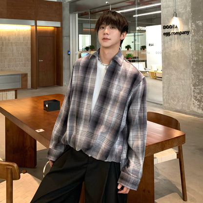 Fake Layered Patchwork Plaid Oversize Long Sleeve Shirt WN25260