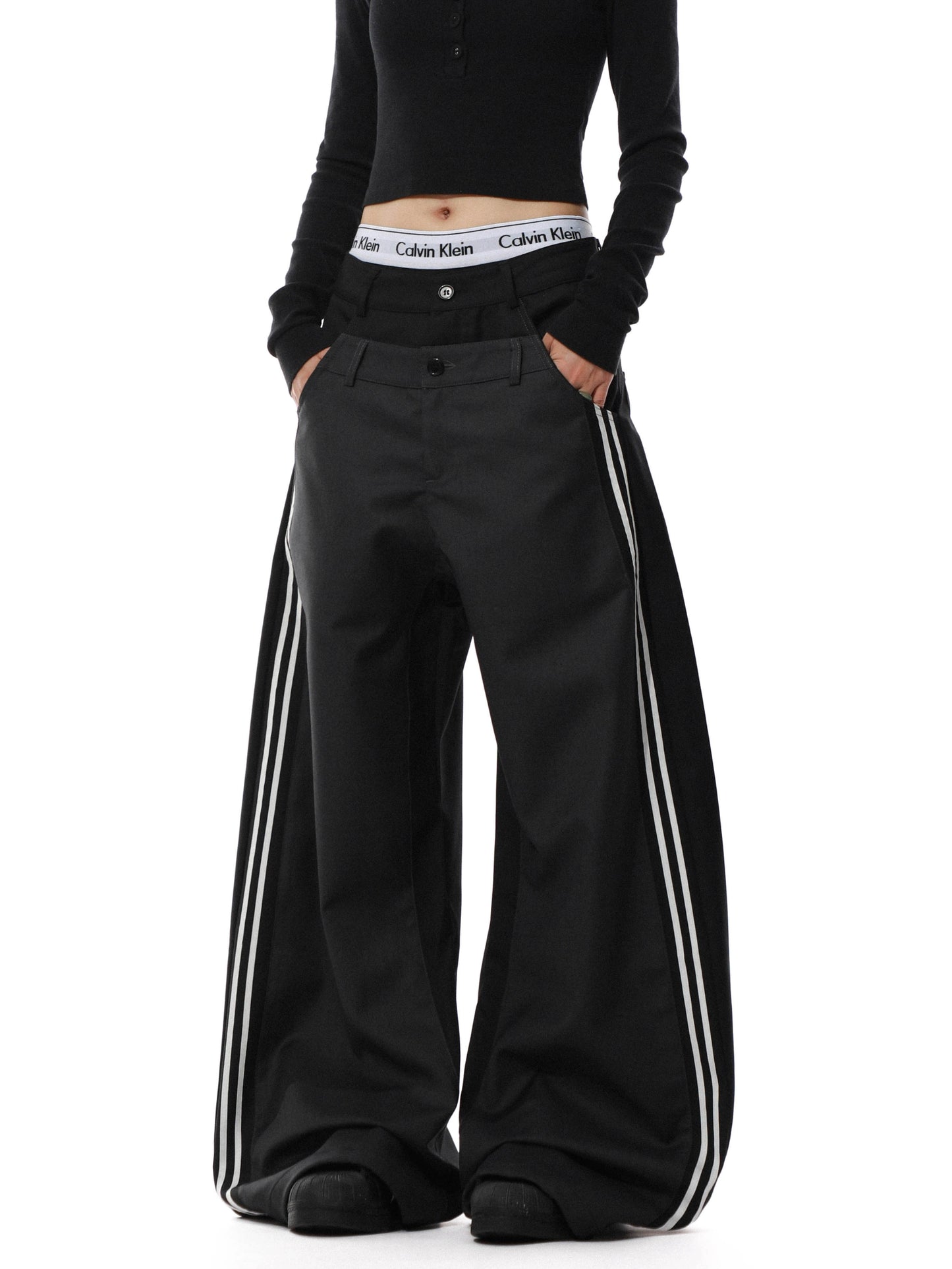 Double Waistband Stripe Patch Wide Leg Pants WN22096