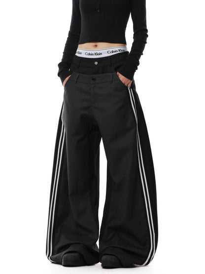 Double Waistband Stripe Patch Wide Leg Pants WN22096