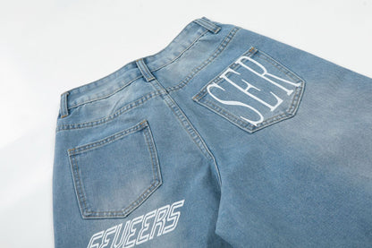 Washed Letter Print Wide Leg Denim Jeans WN25563