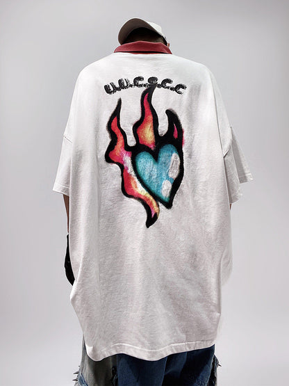 Flame Heart Print Oversize Short Sleeve T-Shirt WN24002