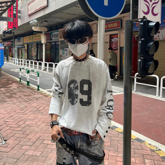 Damage Number Print Washed Long Sleeve T-Shirt WN24090