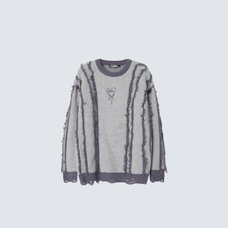 Frayed Stripe Heart Graphic Knit Sweater WN27969