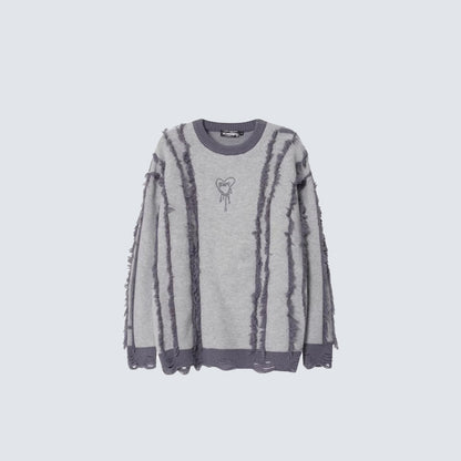 Frayed Stripe Heart Graphic Knit Sweater WN27969