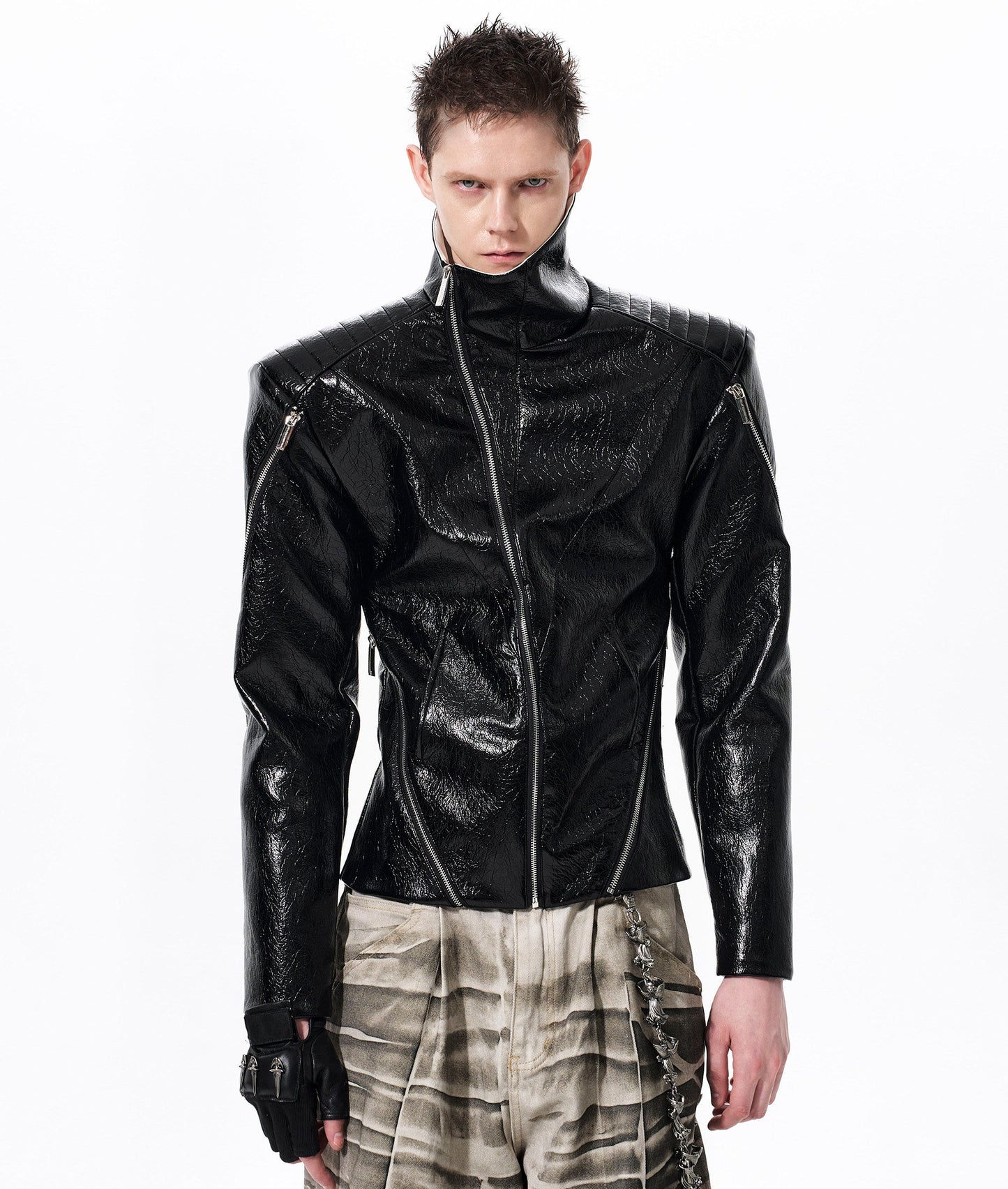 Deconstructed Asymmetrical Zipper Stand Neck Leather Jacket WN23271