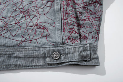 All-Over Random Stitch Embroidery Oversize Denim Jacket WN27865