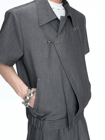 Asymmetric Fake Layered Shoulder Pad Short Jacket & Wide Leg Pants Setup WN26975