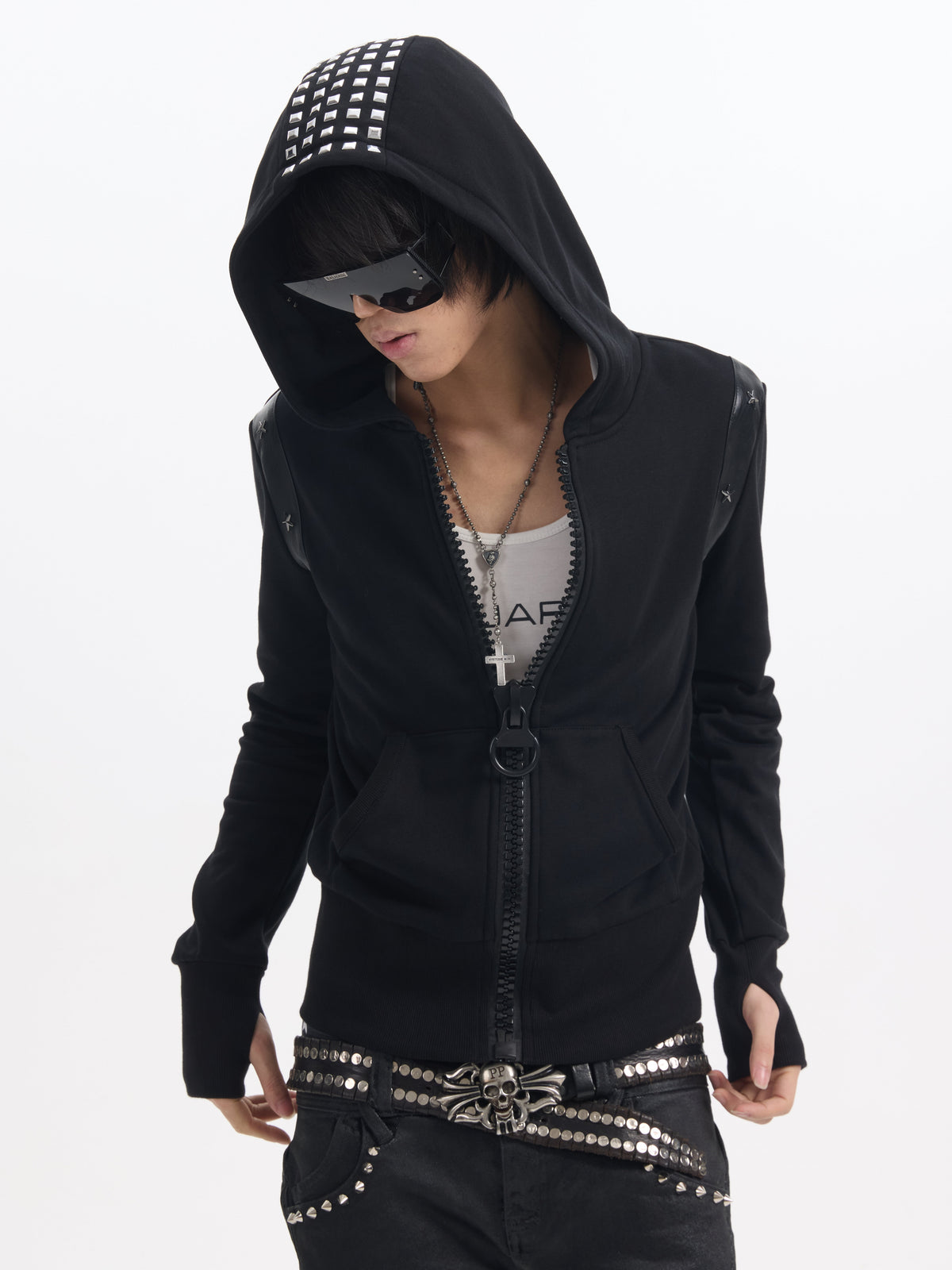 Studs Detail Star Zipper Hoodie WN27189