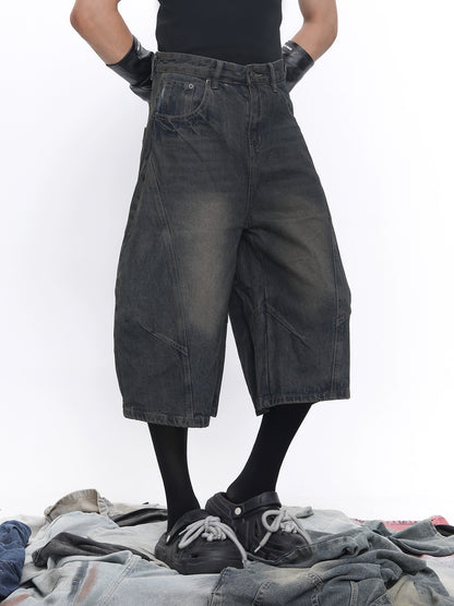 Deconstructed Curved Blade Design Wide Leg Half Denim Jeans WN18657