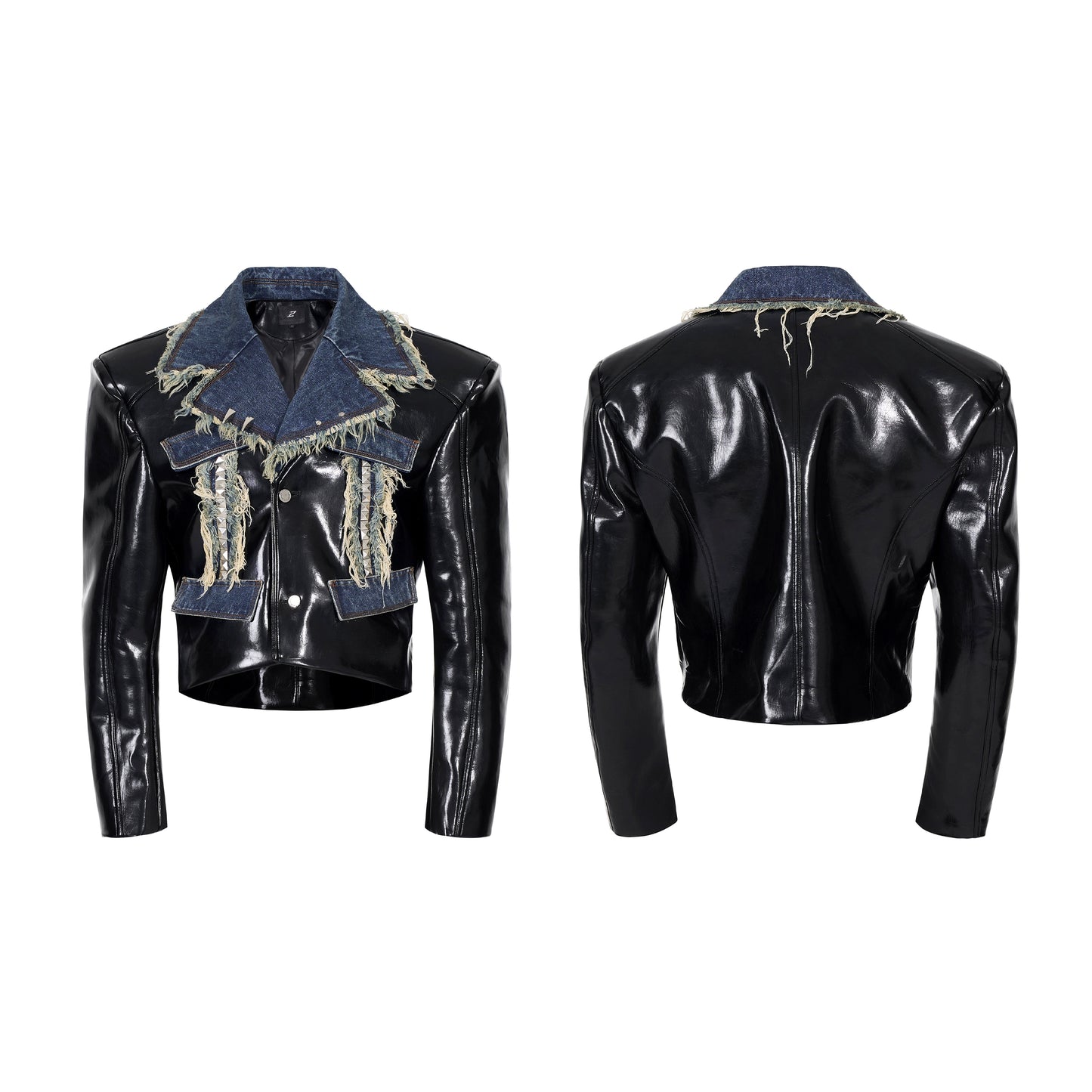 Frayed Denim Patch Rivet PU Leather Short Jacket & PU Leather Pants Setup WN22123