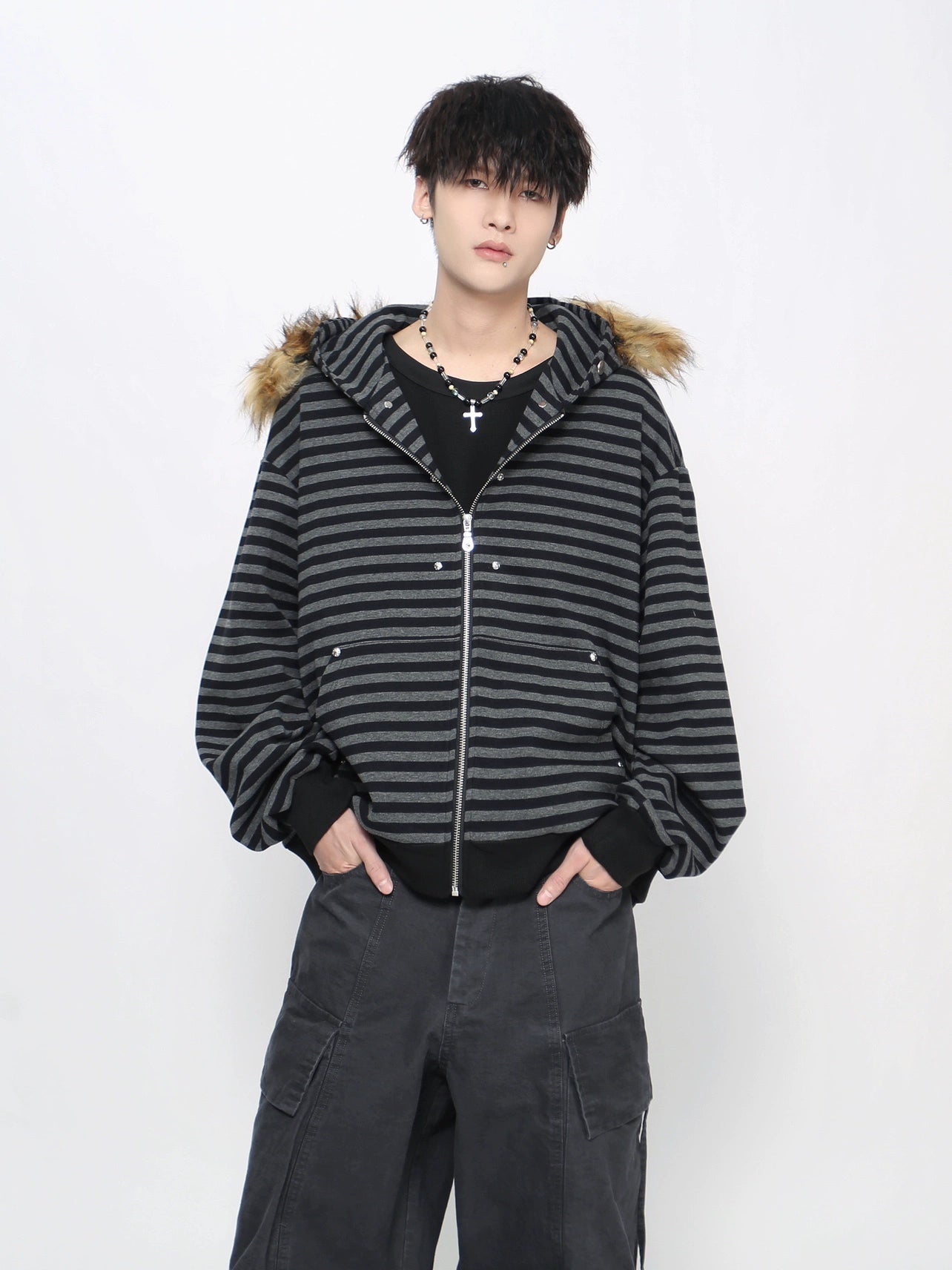 Stripe Detachable Fur Collar Zipper Hoodie WN21027