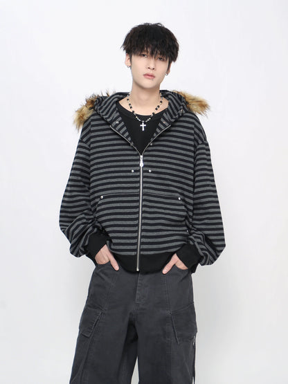 Stripe Detachable Fur Collar Zipper Hoodie WN21027