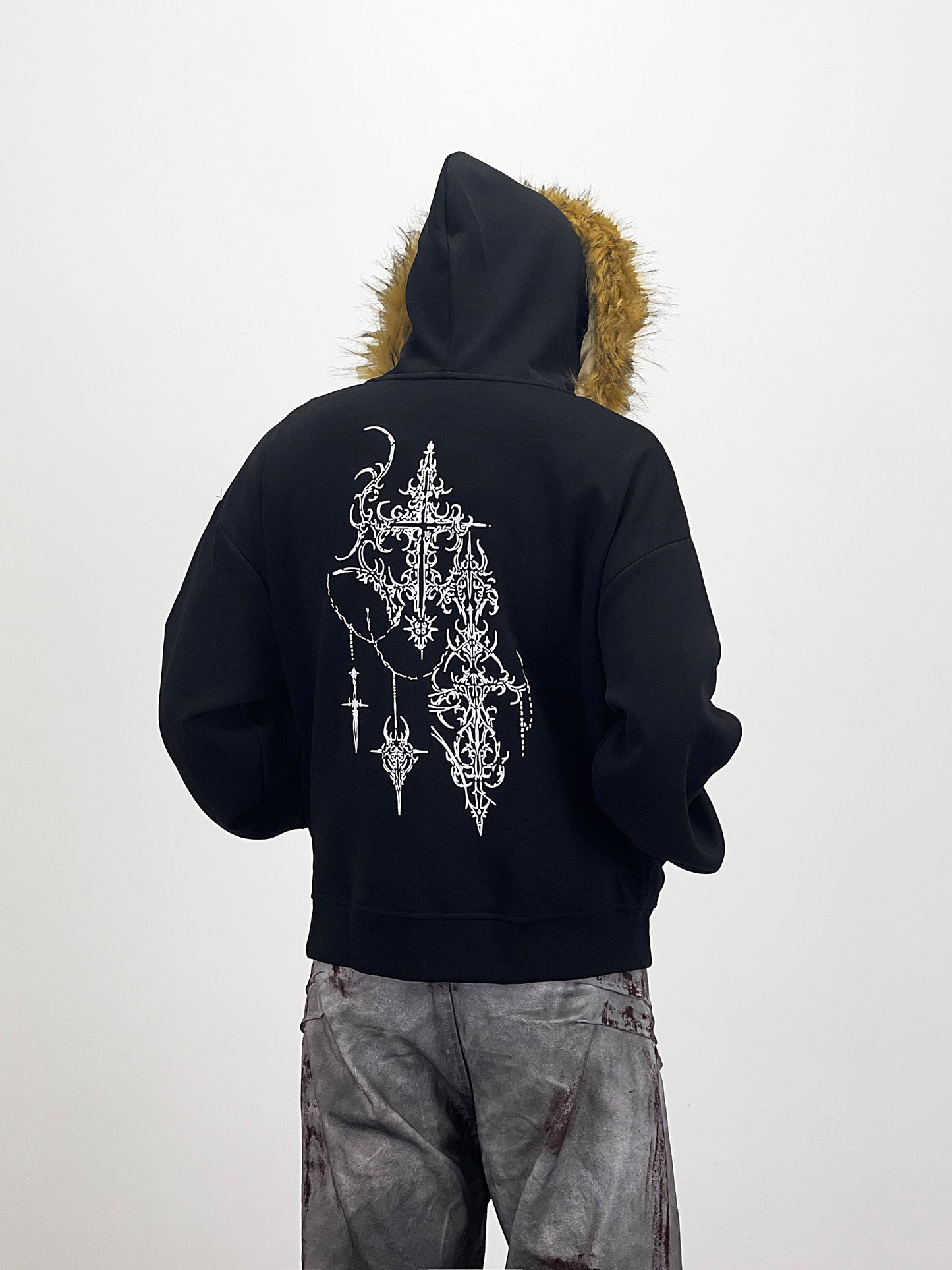 Fake Fur Collar Gothic Graphic Print Hoodie WN24283