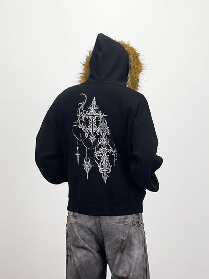 Fake Fur Collar Gothic Graphic Print Hoodie WN24283