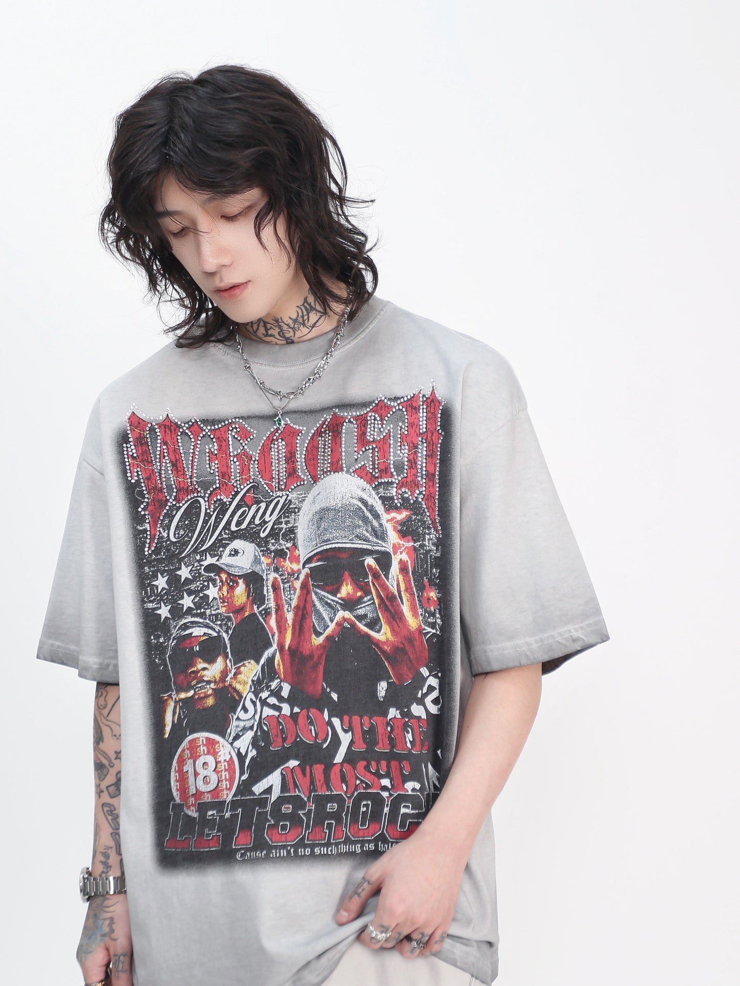 Rhinestone Print Washed Oversize Short Sleeve T-Shirt WN24417