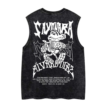Washed Skeleton Crocodile Letter Print Sleeveless T-Shirt WN26882