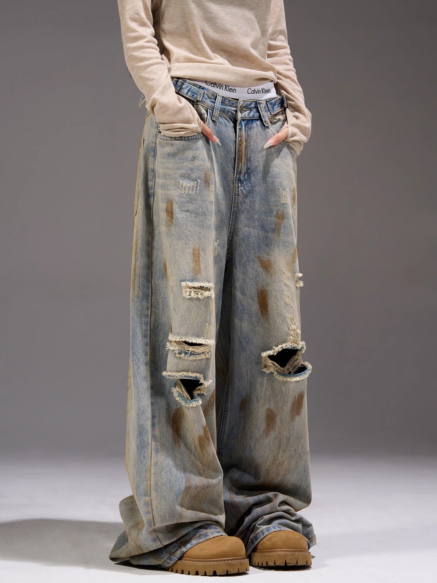 Damage Wide-Leg Straight Denim Jeans WN7262