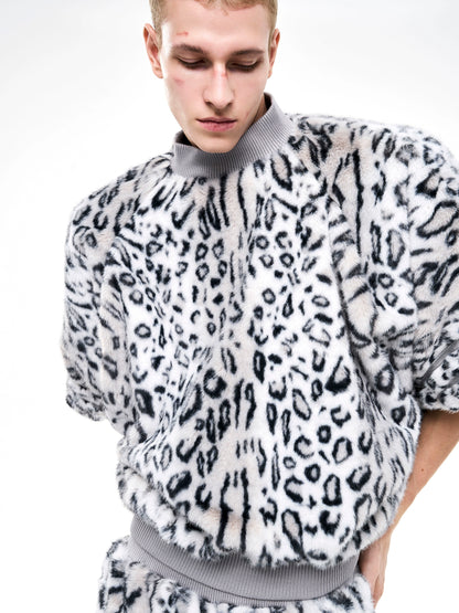 Leopard Patchwork Fake Fur High-Neck Short Sweatpshirt & Wide Leg Pants Setup WN21815