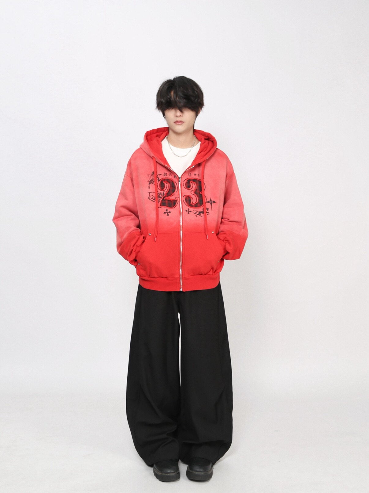 Gradient Embroidery Damage Zipper Hoodie WN24475