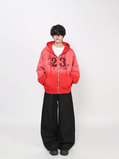 Gradient Embroidery Damage Zipper Hoodie WN24475