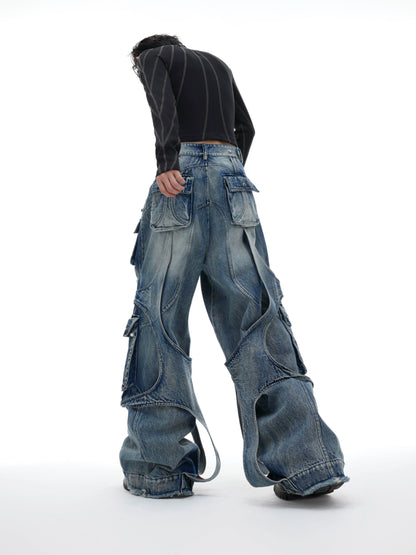 Multi Pocket Heavyweight Wide Leg Cargo Denim Jeans WN8679