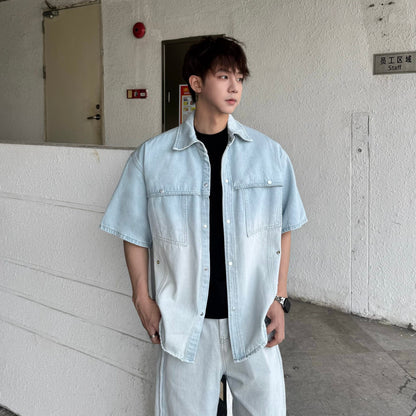 Gradient Wash Short Sleeve Denim Shirt & Wide Leg Denim Jeans Setup WN25338
