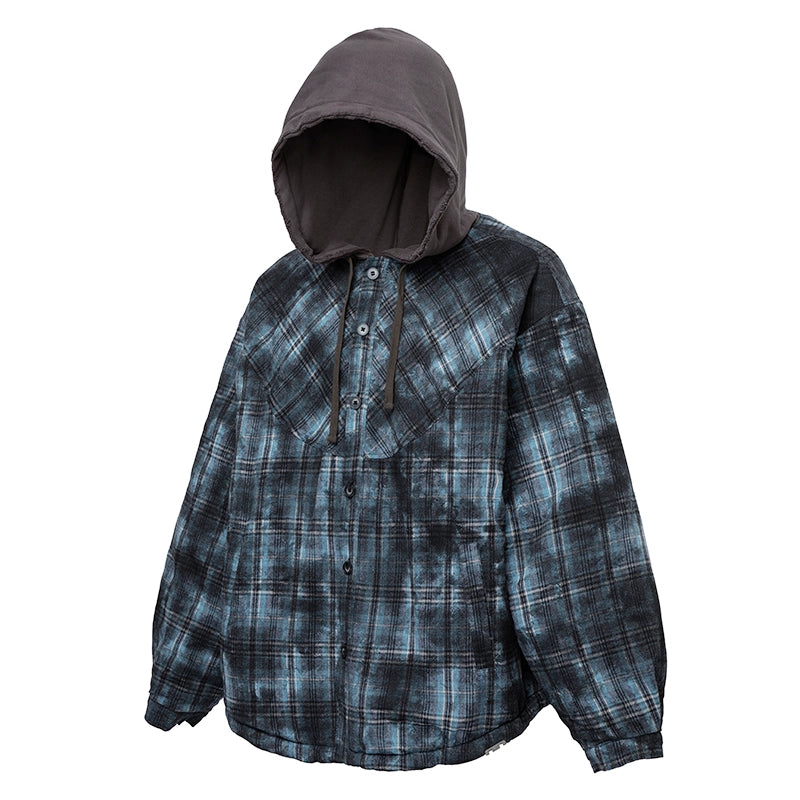 Layered Plaid Washed Hooded Puffer Jacket WN12168