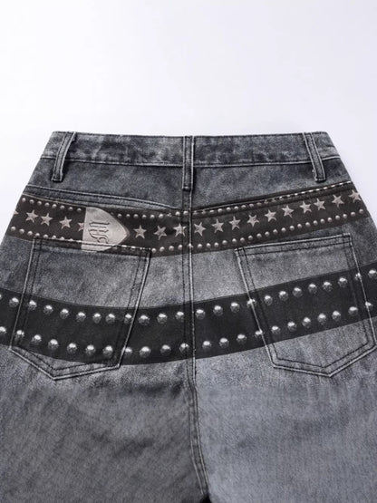 Studs Detail Washed Wide Leg Denim Jeans WN28036