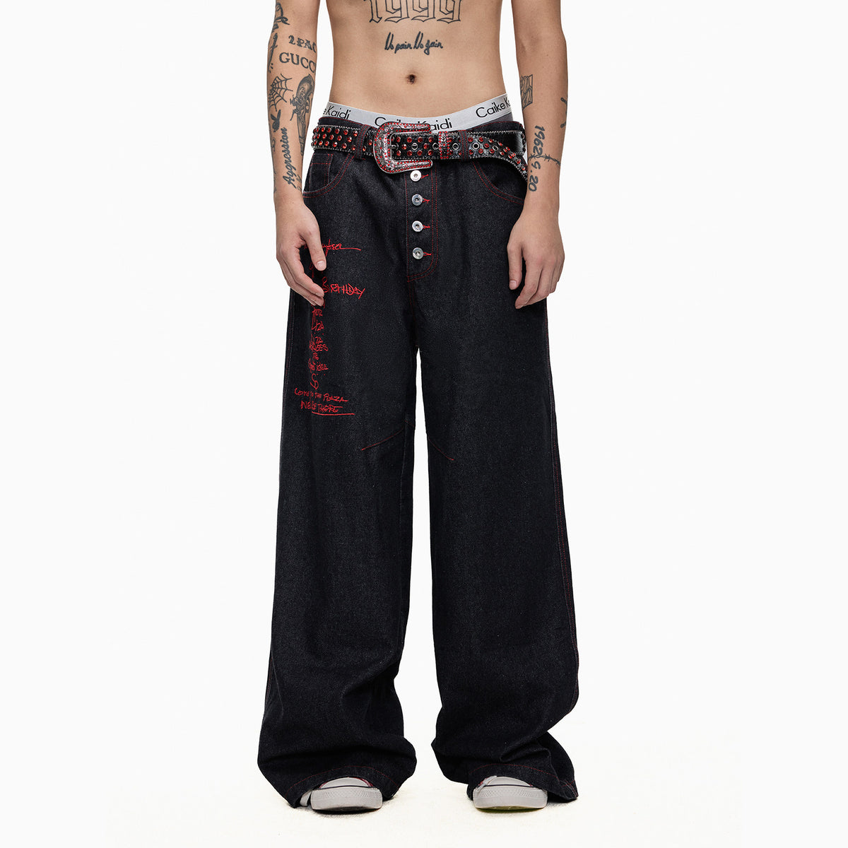 Embroidery Button-Fly Low-Rise Wide Leg Denim Jeans WN27284