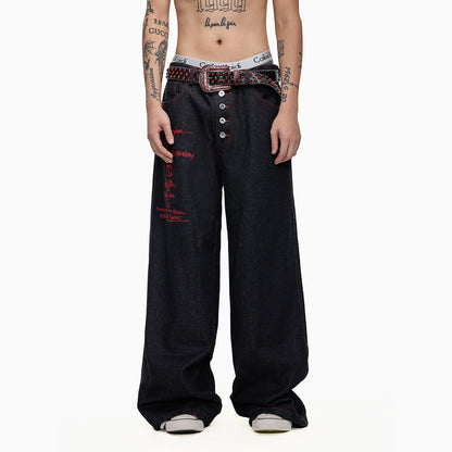 Embroidery Button-Fly Low-Rise Wide Leg Denim Jeans WN27284