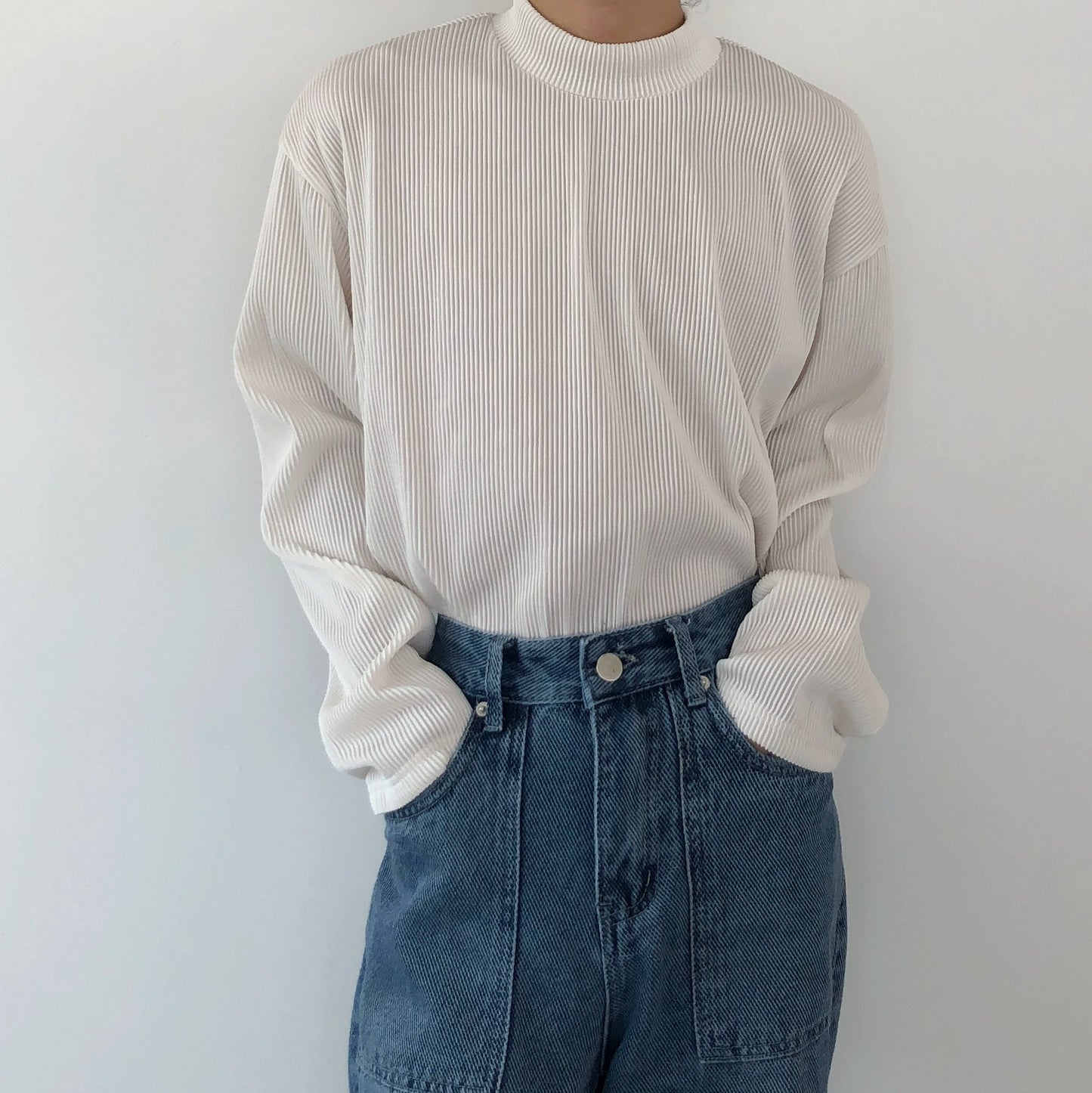 Pleats Stripe High-Neck Long Sleeve T-Shirt WN19984