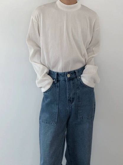 Pleats Stripe High-Neck Long Sleeve T-Shirt WN19984