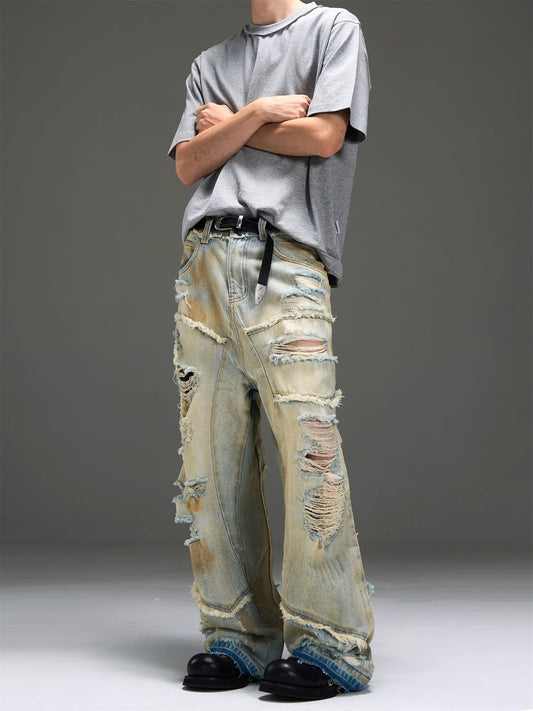 Washed Damage Wide-Leg Straight Denim Jeans WN7255