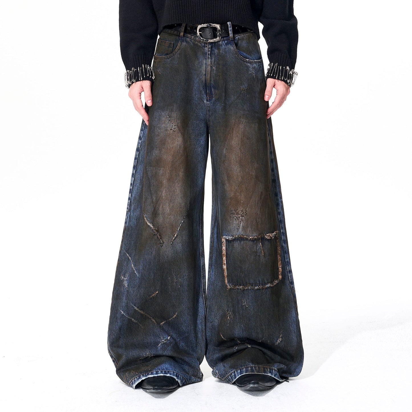 Dyed Damage Wide Leg Denim Jeans WN21843