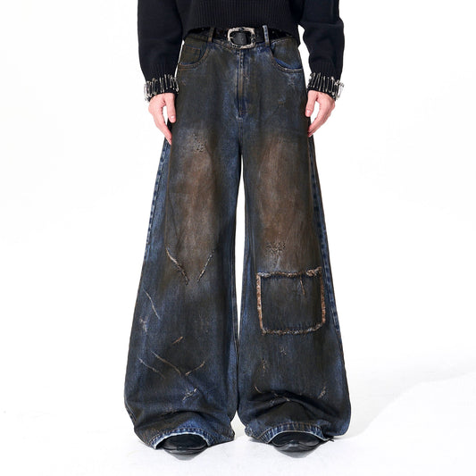 Dyed Damage Wide Leg Denim Jeans WN21843