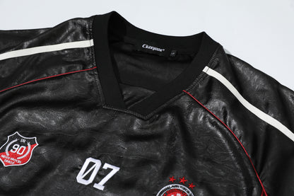 Chest Emblem PU Leather Stitching V-Neck Oversize Short Sleeve T-Shirt WN25655