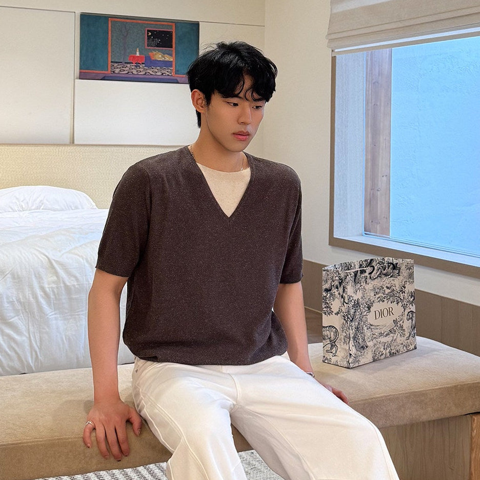 Fake Layered V-Neck Short Sleeve Summer Knit Sweater WN25035