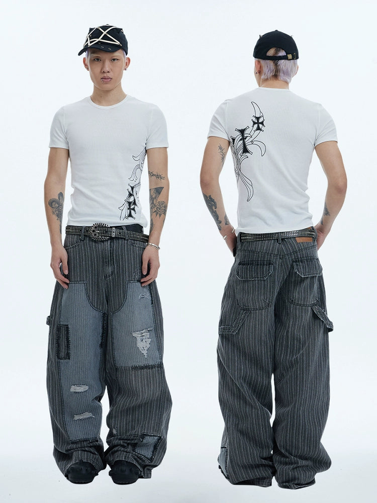 Cross Print Stretch Slim Ribbed Short Sleeve T-Shirt WN17072