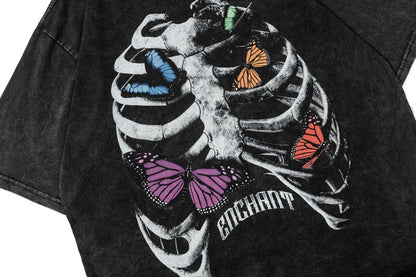 Washed Skeleton Butterfly Print Short Sleeve T-Shirt WN25460