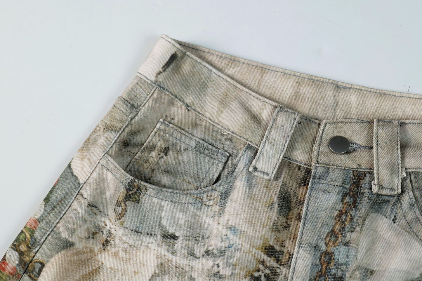 3D Print Washed Wide Leg Denim Jeans WN23038