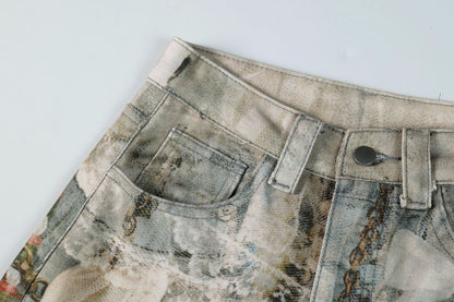 3D Print Washed Wide Leg Denim Jeans WN23038